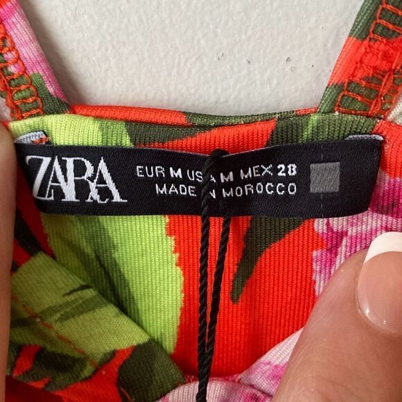 NWT ZARA floral one piece bodysuit ruched size medium orange deep v neck - Picture 3 of 9